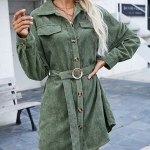 Boho Green Corduroy Button up Shirt Dress